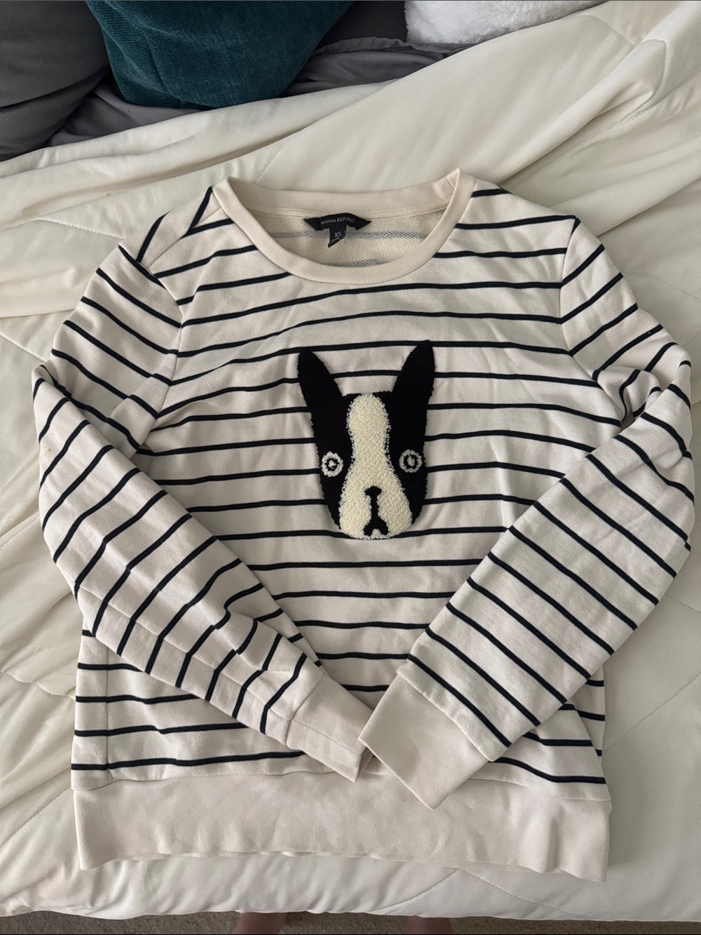 Banana Republic Cream & Black Striped French Bulldog Boston Terrier Sweatshirt